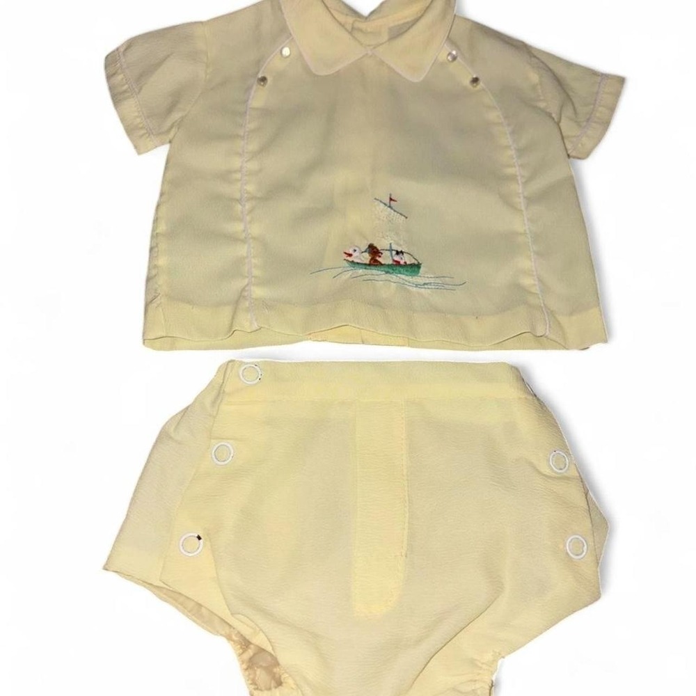Vintage 1950s yellow baby boy sailor suit with embroidered sailboat 3-6 mo